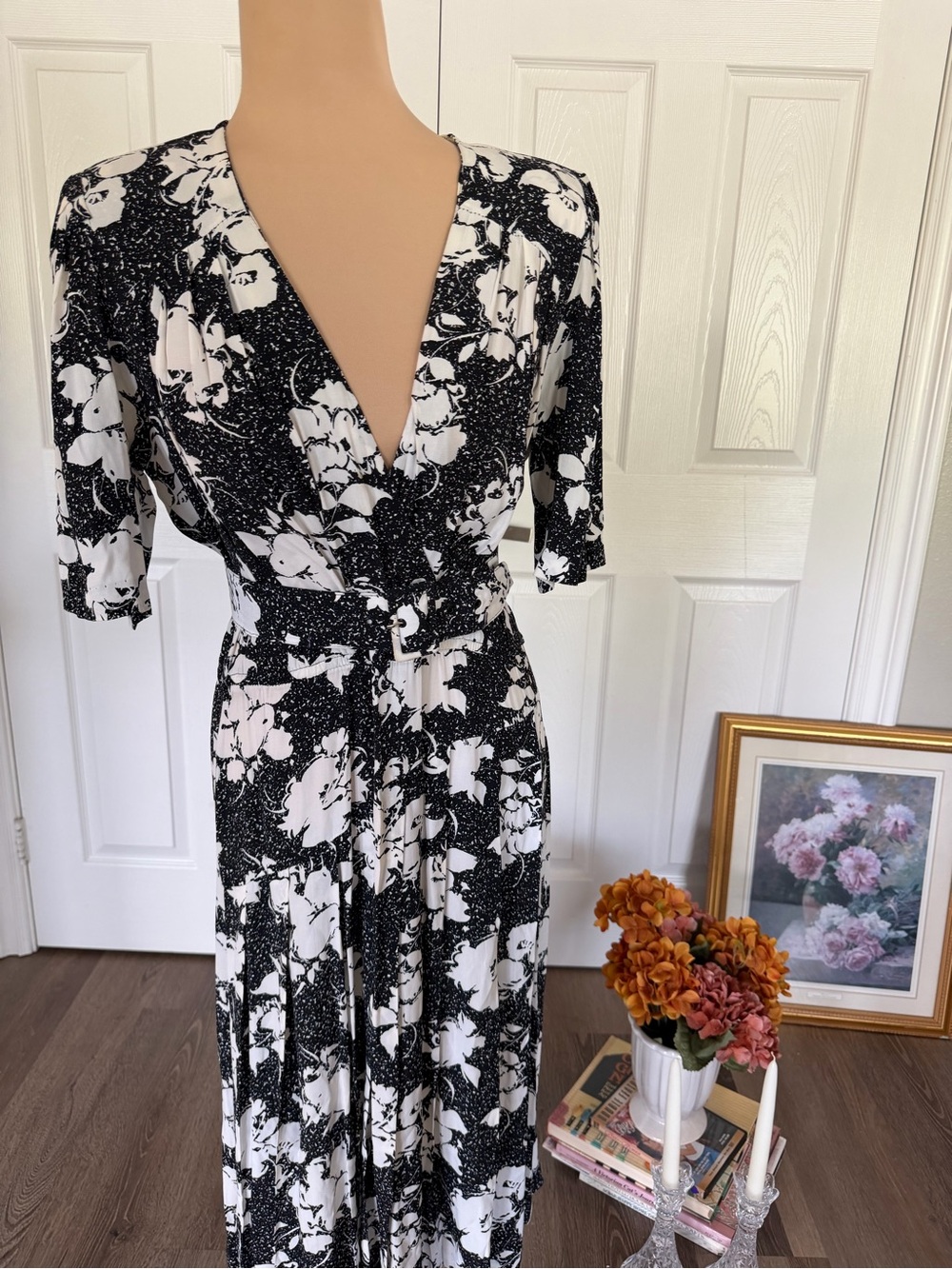 Black & White Floral Wrap Dress - Feminine Midi Dress